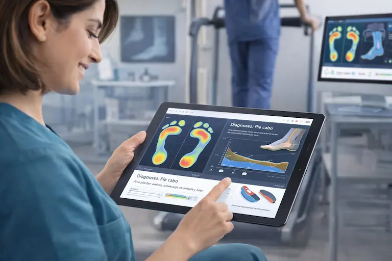 Interfaz del módulo de biomecánica de ClinicBai mostrando análisis de la marcha, mapa de presiones plantares y diseño de plantillas 3D para podólogos.