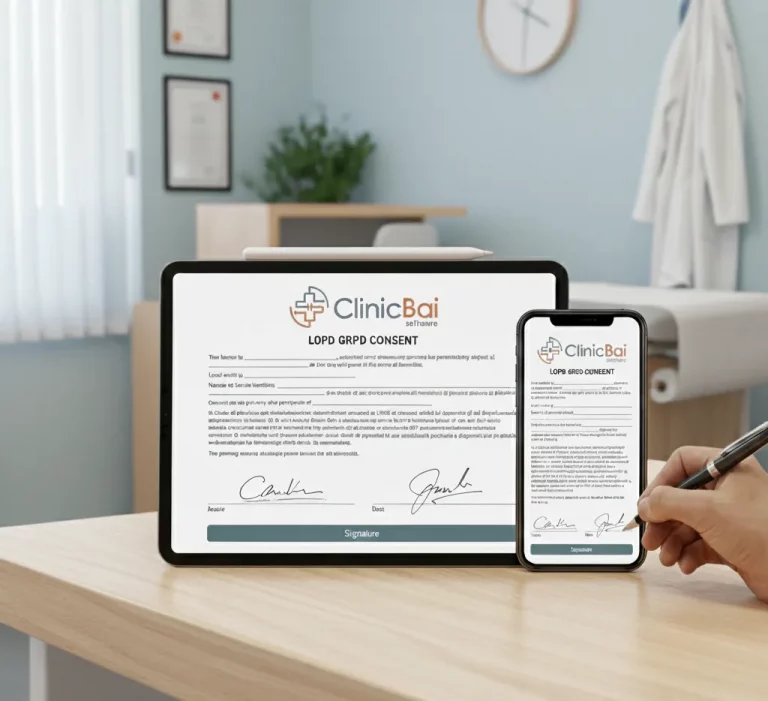 Interfaz de firma digital LOPD y consentimiento informado en software ClinicBai