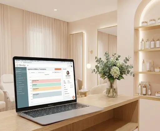 Interfaz de ClinicBai mostrando la gestión de bonos y sesiones acumuladas para un centro de estética en un portátil.