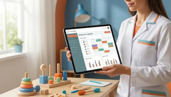 Logopeda profesional utilizando la interfaz de ClinicBai en una tablet para gestionar informes clínicos y sesiones en un gabinete con tonos corporativos naranja y azul.