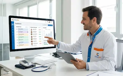 Dashboard del software médico ClinicBai mostrando el resumen de la agenda diaria, pacientes recientes y estado de la facturación.