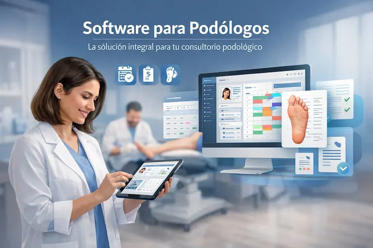 Podóloga utilizando el software ClinicBai en una tablet para mostrar el historial clínico y la agenda a un paciente en consulta.