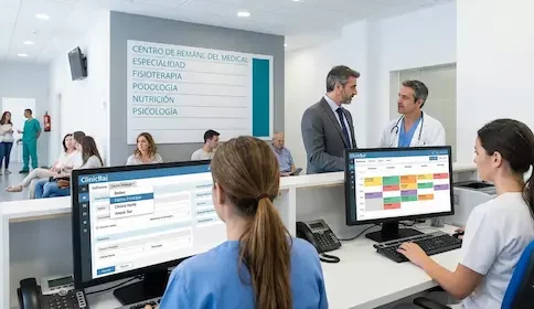 Personal de recepción utilizando ClinicBai para gestionar un centro multidisciplinar con sedes en diferentes ubicaciones y especialidades de fisioterapia, podología y nutrición.