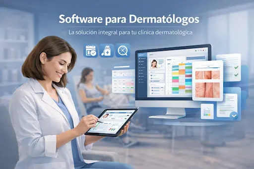Dermatólogo utilizando el software ClinicBai para revisar la evolución de lesiones cutáneas y gestionar la historia clínica digital.