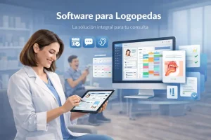 Logopeda gestionando la evolución del paciente y generando informes clínicos en una tablet con el software ClinicBai.