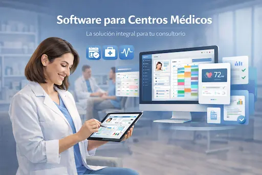Médico profesional revisando una historia clínica digital en ClinicBai con interfaz optimizada para gestión de pacientes y facturación legal.