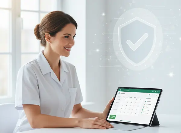 Profesional sanitaria utilizando el software médico ClinicBai adaptado a TicketBAI y VeriFactu en una tablet.