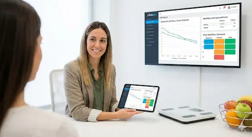 Nutricionista utilizando el software ClinicBai para mostrar a un paciente su gráfica de evolución de peso, medidas antropométricas y un plan de dieta personalizado en una tablet y una pantalla grande.