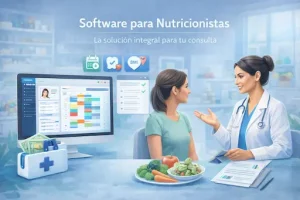 Nutricionista revisando la evolución de peso y plan dietético de un paciente en el software ClinicBai.