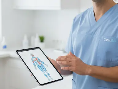 Osteópata profesional utilizando el software ClinicBai en tablet con mapa corporal anatómico digital.