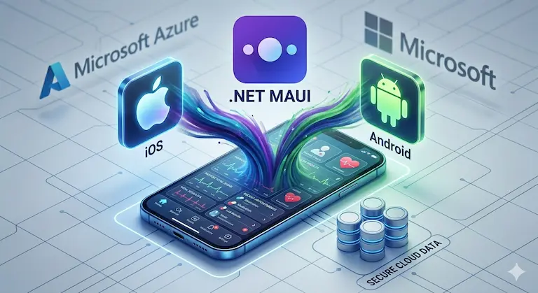 Ilustración que muestra una aplicación móvil de ClinicBai ejecutándose en un smartphone, con el logo de .NET MAUI y los iconos de iOS y Android, ilustrando la capacidad multiplataforma.