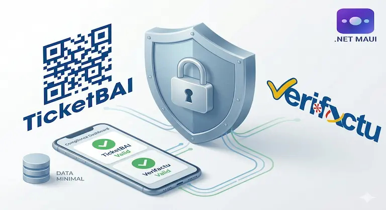 Infografía técnica que muestra la integración de ClinicBai con el sistema TicketBAI de Hacienda Foral y el sistema VeriFactu de la AEAT para garantizar la legalidad integral de las facturas clínicas.
