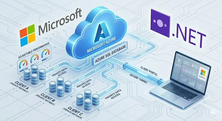 Esquema técnico de la arquitectura de ClinicBai mostrando el alto rendimiento y la estabilidad del sistema mediante el uso de tecnologías nativas de Microsoft.