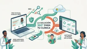 Ilustración detallada de la solución 360 para clínicas: integración de página web Umbraco (.NET), software Clinicbai en Azure y posicionamiento SEO médico.